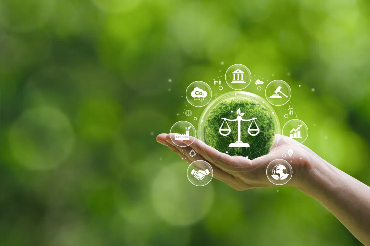Image de symboles de droit environnemental, représentant la balance de la justice entourée d'icônes écologiques, pour un avocat en droit de l'environnement.